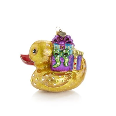 Jay Strongwater Golden Ducky Carrying Gifts Glass Ornament 1 Jay Strongwater Golden Ducky Carrying Gifts Glass Ornament