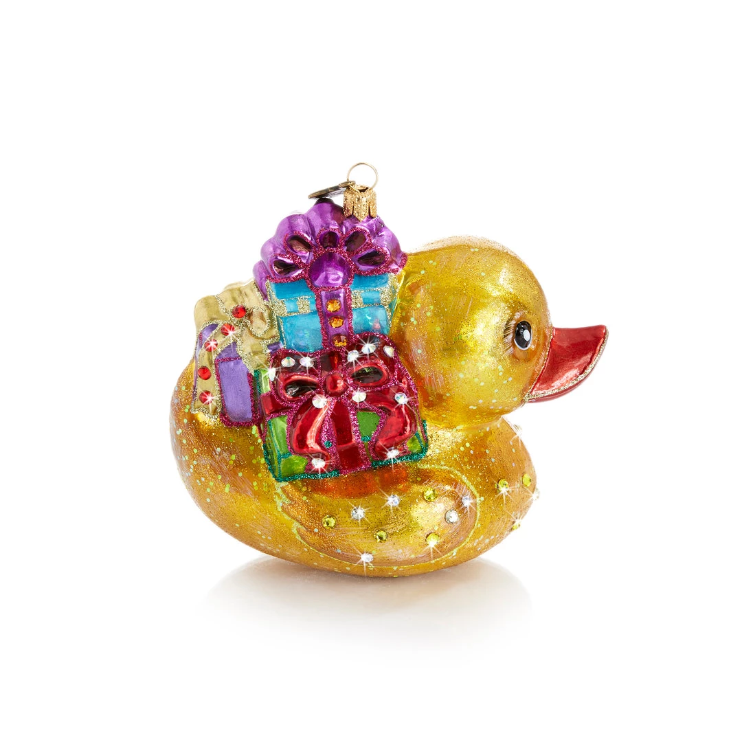 Jay Strongwater Golden Ducky Carrying Gifts Glass Ornament 3 Jay Strongwater Golden Ducky Carrying Gifts Glass Ornament