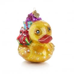 Jay Strongwater Golden Ducky Carrying Gifts Glass Ornament