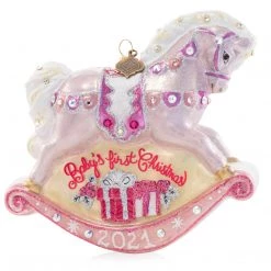 Jay Strongwater Baby's 1st Rocking Horse Pink Glass Ornament