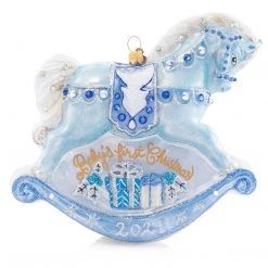 Jay Strongwater Baby's 1st Rocking Horse Blue Glass Ornament