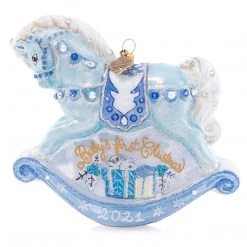 Jay Strongwater Baby's 1st Rocking Horse Blue Glass Ornament