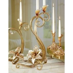 Jay Strongwater Roselyn Orchid Double Candlestick Golden CANDLES & CLOCKS